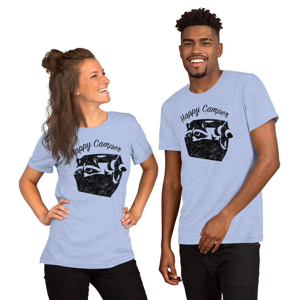 Two models wearing blue Happy Camper raccoon tees
