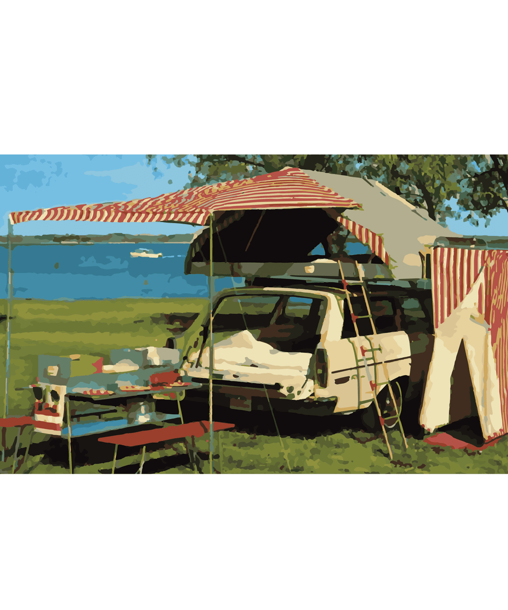 Original illustration of a camping vehicle packed for an outdoor adventure
